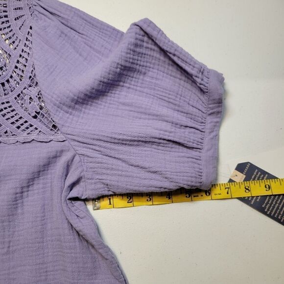 Democracy Cotton Woven Crochet Square Neck Short Bubble Sleeve Scallop Hem Top - Picture 12 of 13